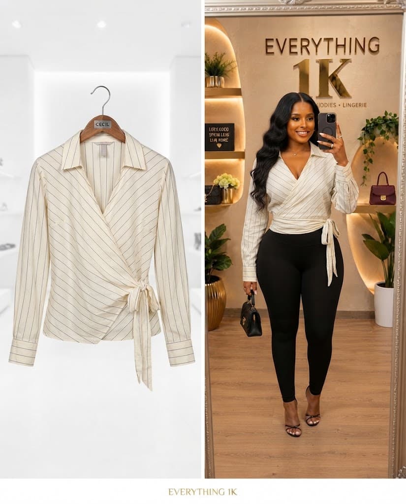 Cream Striped Long-Sleeve Wrap CorporateBlouse
