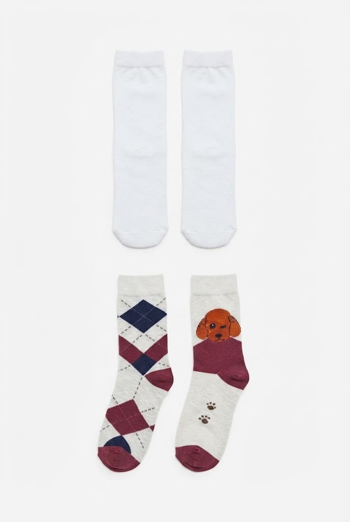 Kids White Basic and Burgundy Argyle Puppy Crew Socks (2-Pack)