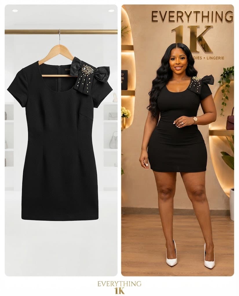 Black Pearl-Bow Shoulder Mini Party Dress
