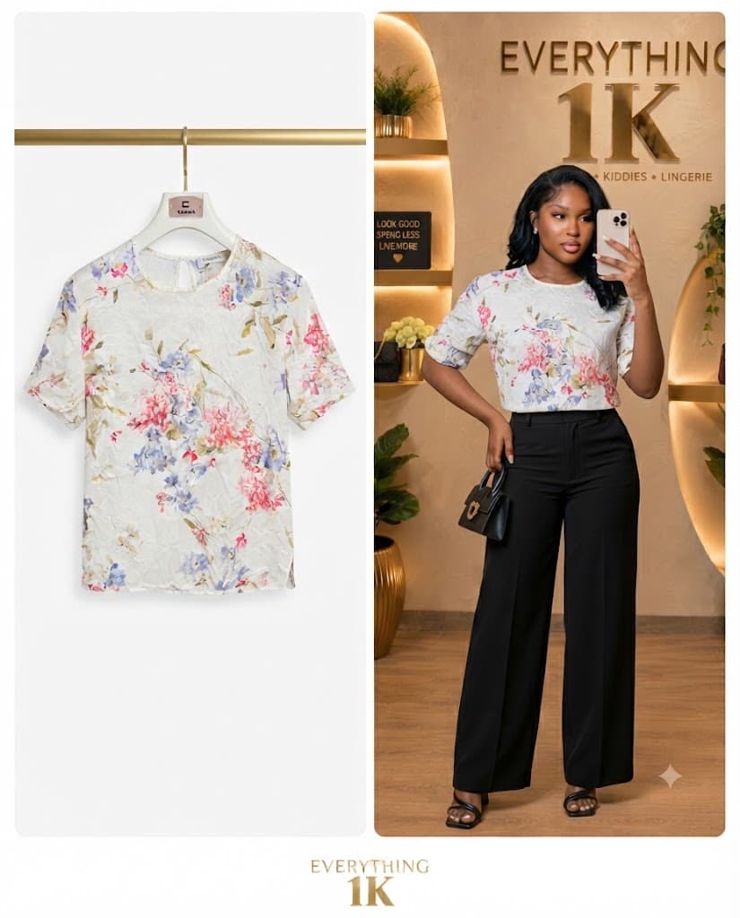 White Floral Print Crinkled Short-Sleeve Top