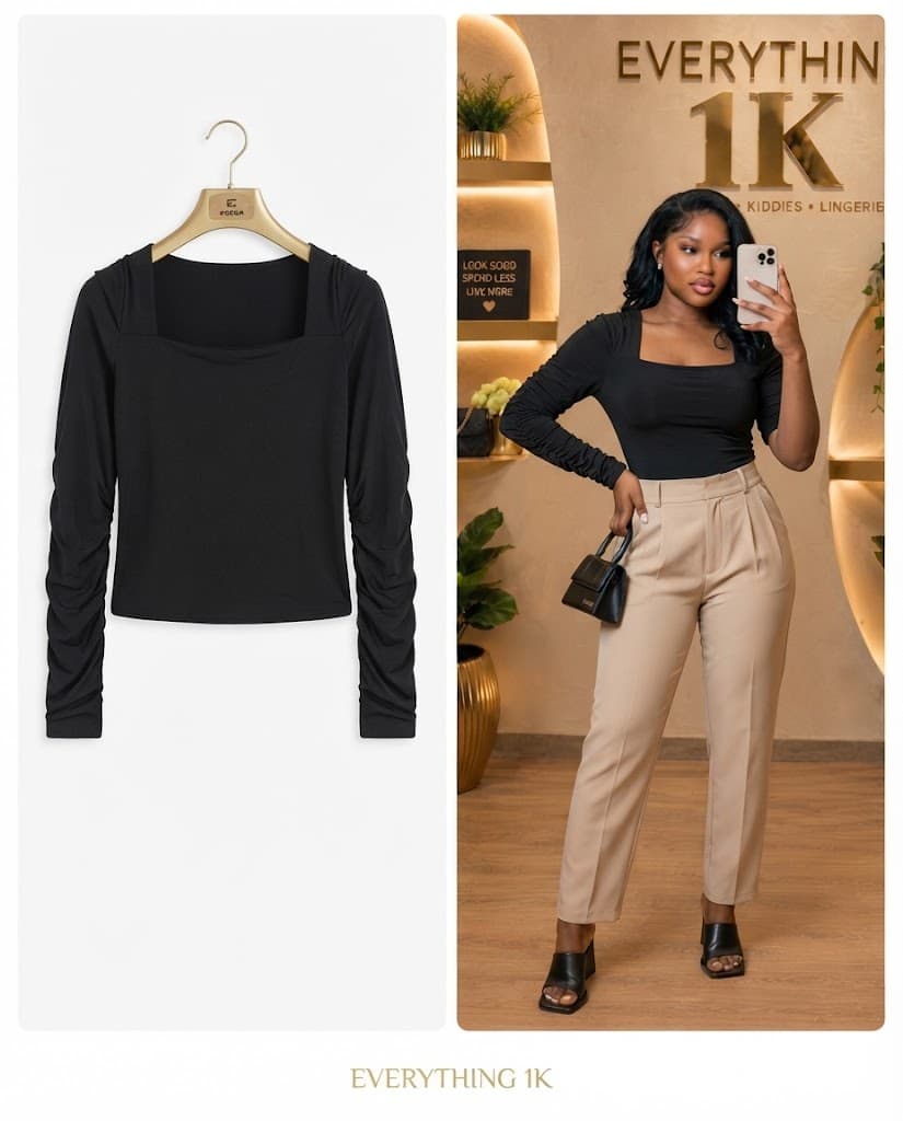 Casual Black Square-Neck Ruched Sleeve Top