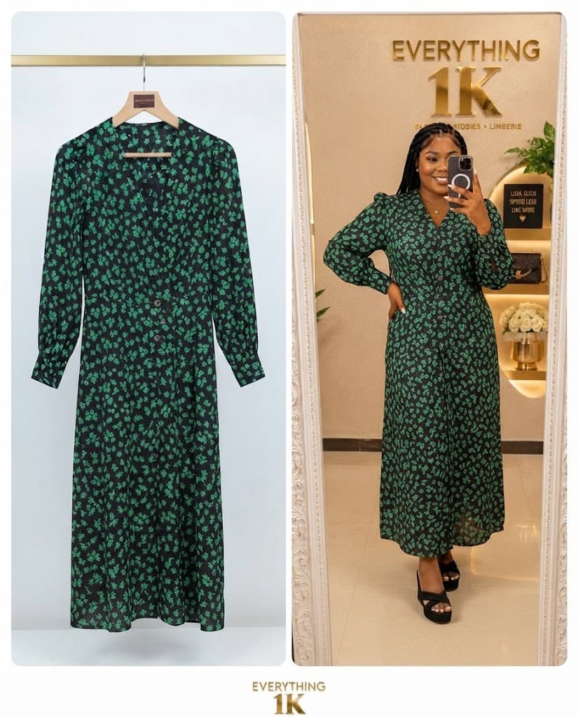 Black and Green Clover Floral Print Long-Sleeve Midi Dress