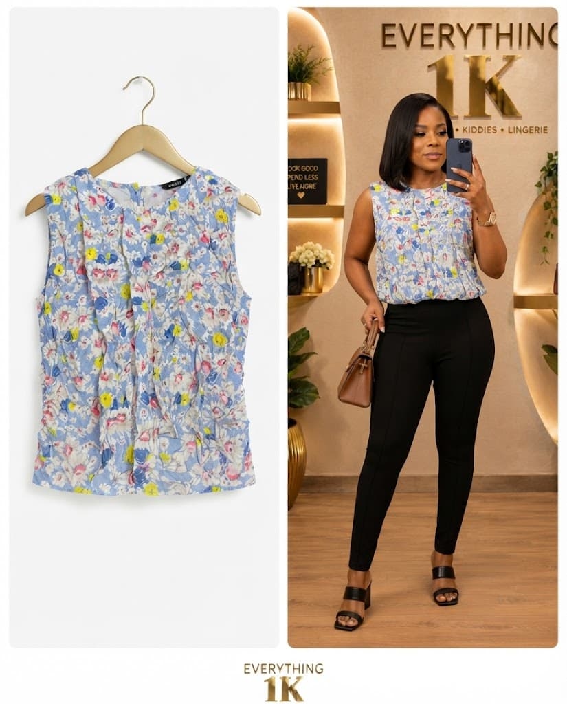 Casual Blue Floral Ruffled Sleeveless Blouse