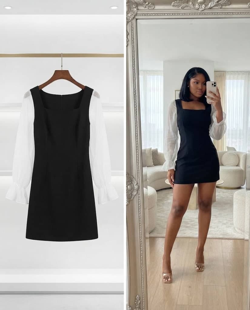 Black Square Neck Dress With Contrast Sheer Sleeves
