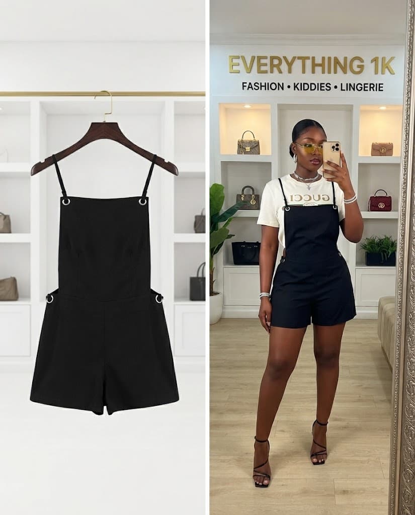 Black Eyelet-Strap Utility Shorts Jumpsuit