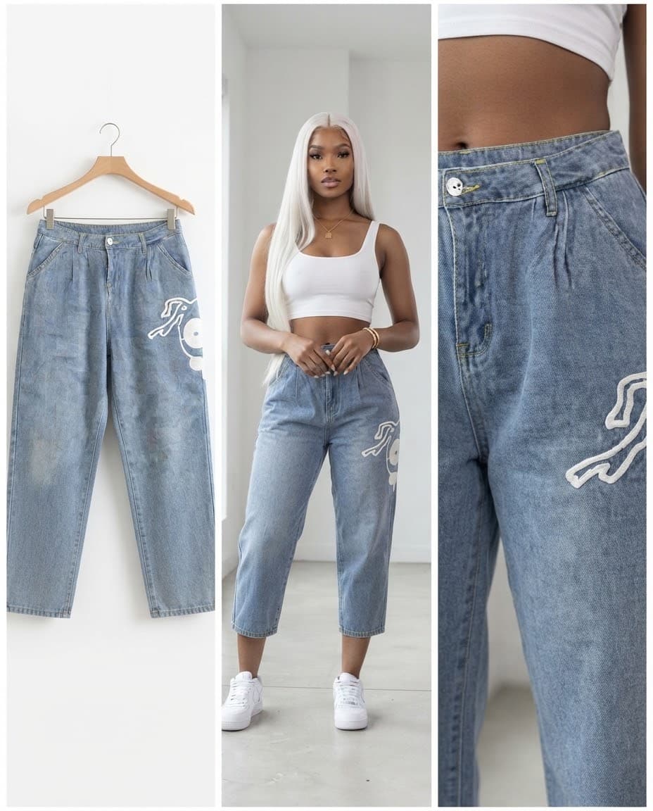 Light Acid-Wash Pleated Jeans with Graphic Patch 30
