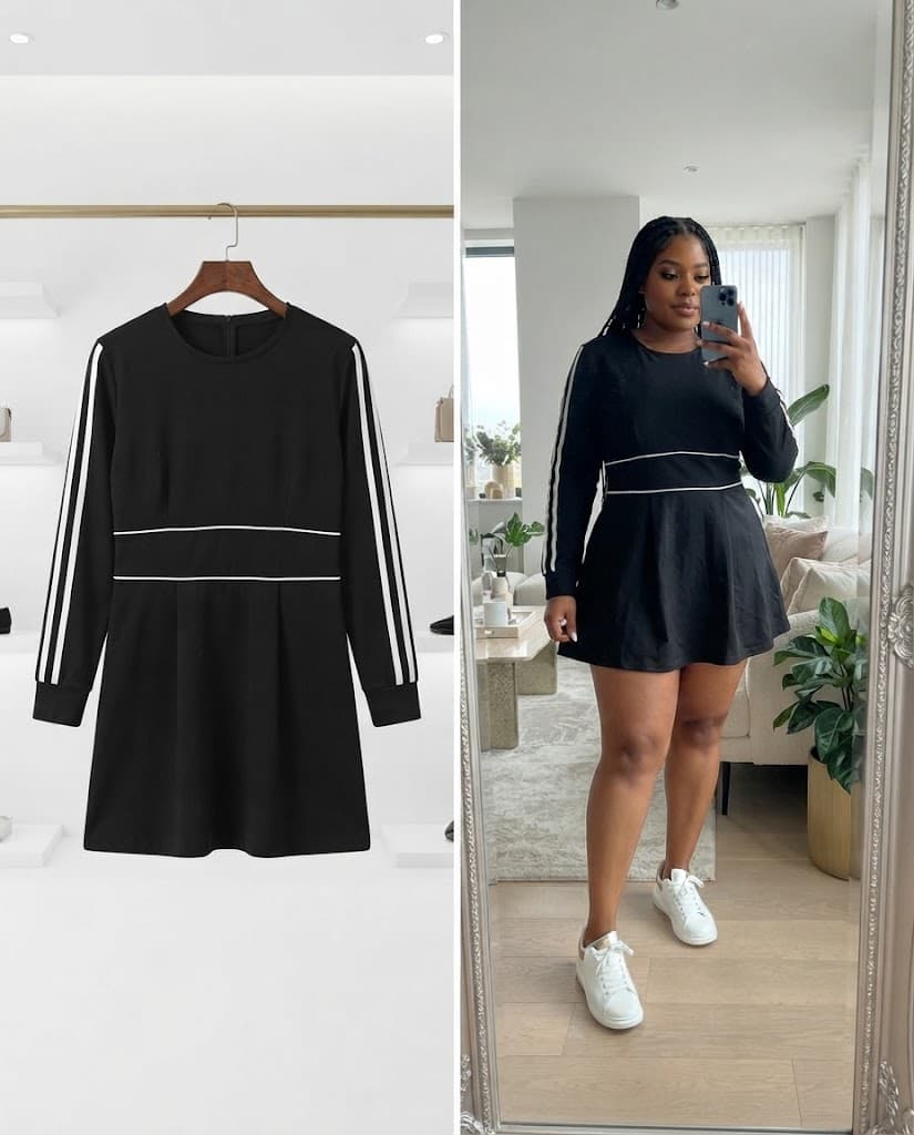 Black Sporty Long-Sleeve Mini Dress with White Stripes