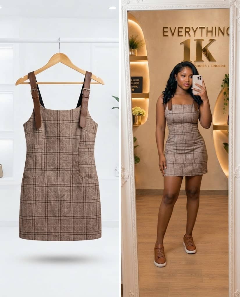 Brown Plaid Mini Dress With Leather Straps