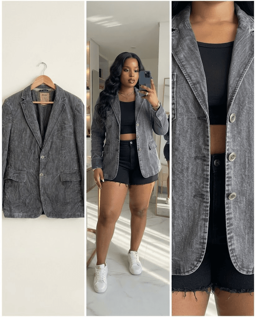 Charcoal Acid-Wash Denim Blazer (Regular Fit, XL 14/16