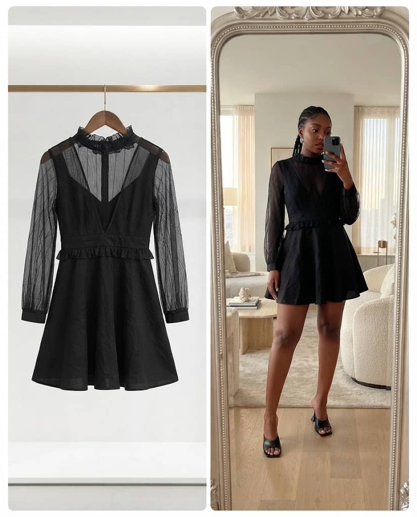 Black Long-Sleeve Sheer Ruffle Neck Mini Dress