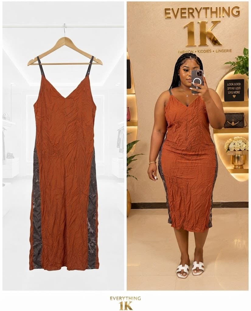 Rust Brown Textured Slip Dress with Contrast Panels
