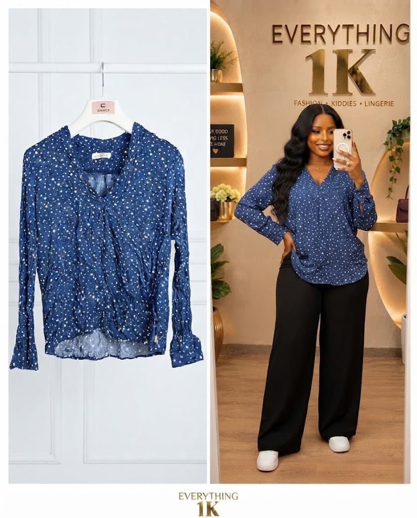 Casual Blue Dot Long-Sleeve Blouse