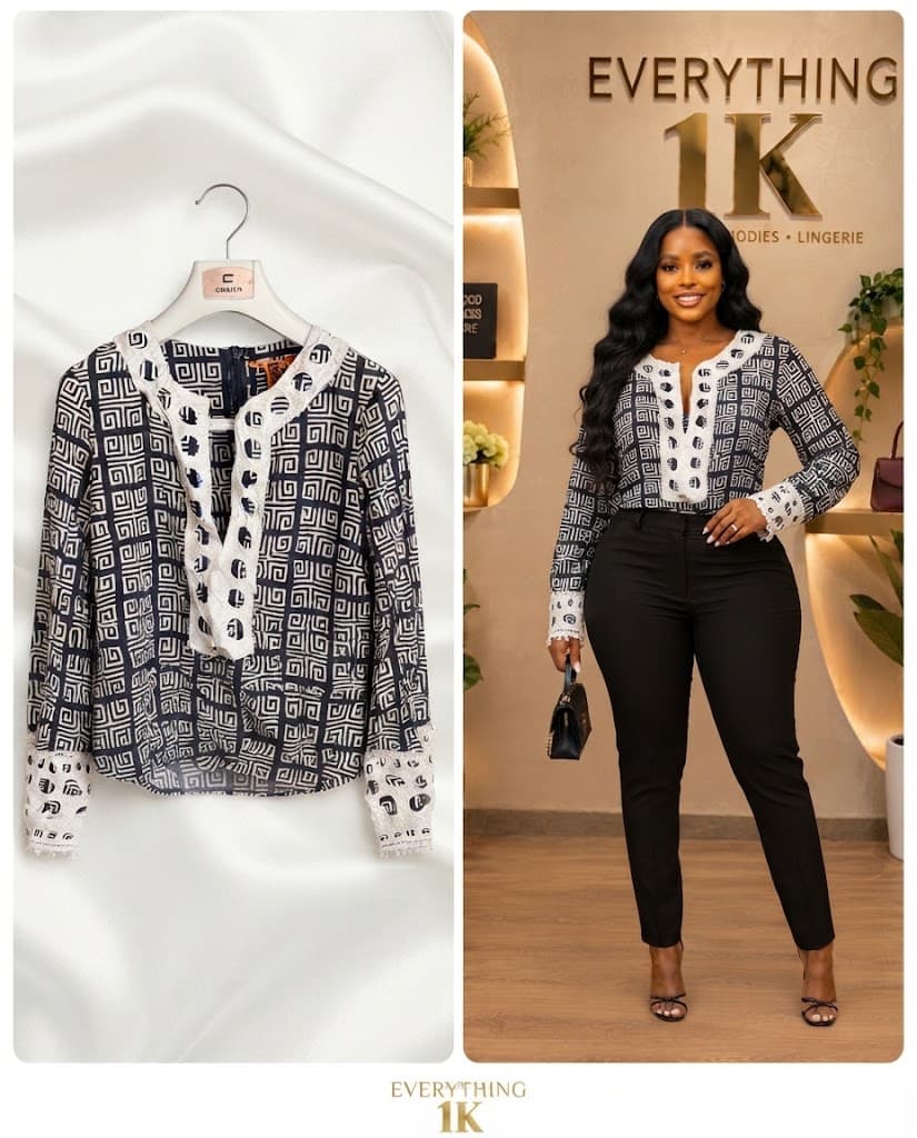 Corporate/Casual Black and White Geometric Pattern Long-Sleeve Blouse