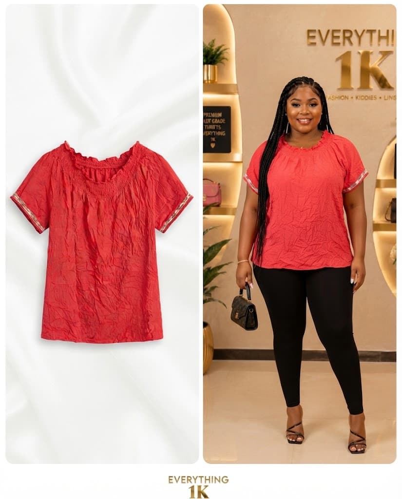 Casual Red Ruffled Neckline Short-Sleeve Top