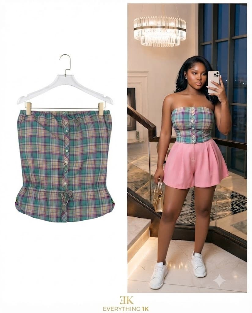 Pastel Plaid Strapless Top with Drawstring