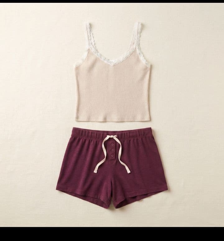 Lace-Trim Beige Cami & Berry Button-Detail Shorts