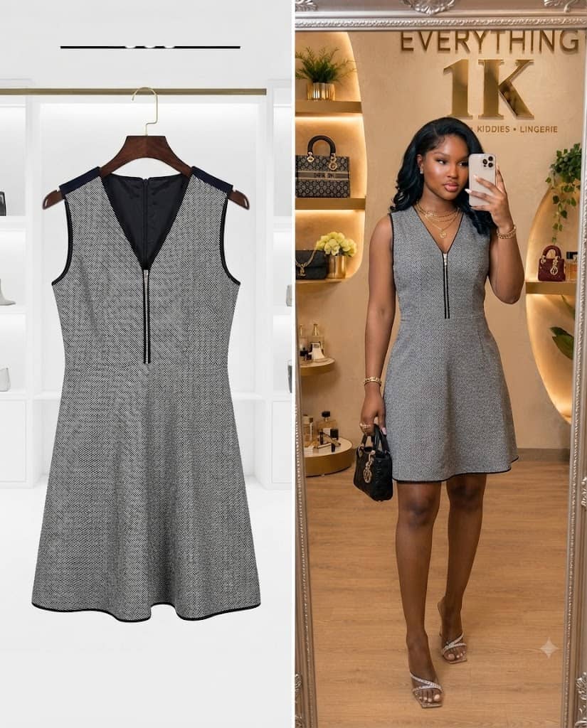 Black and White Tweed V-Neck Zip Mini Dress