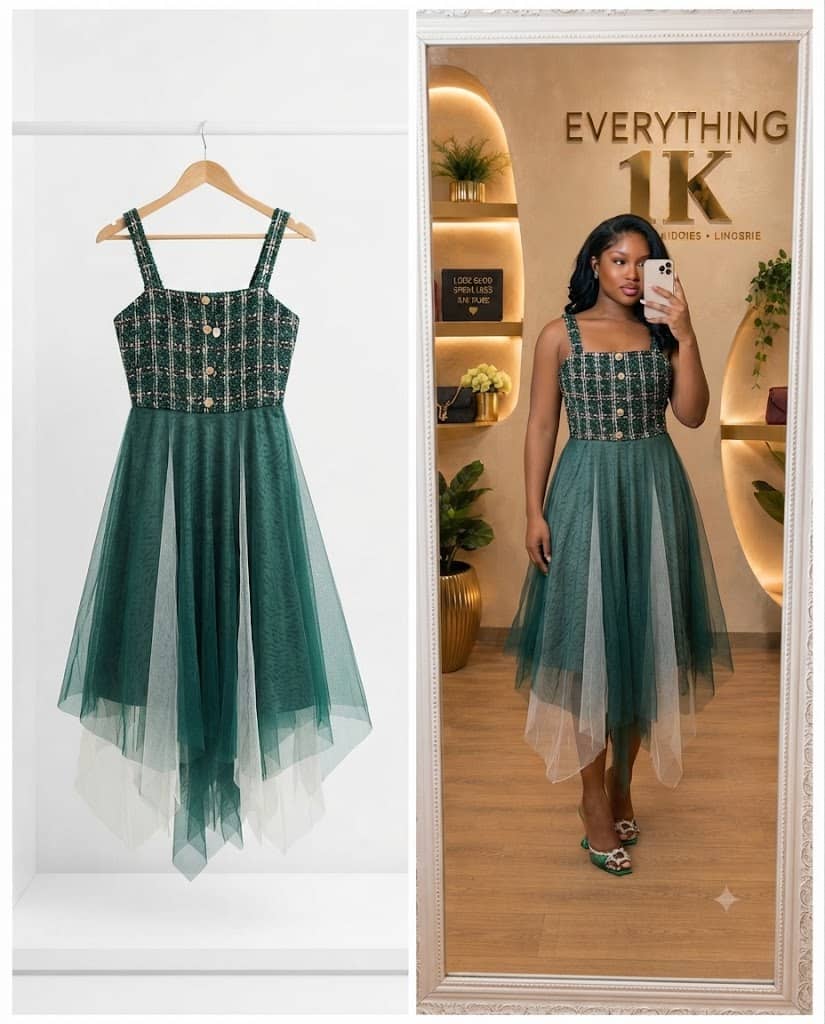 Green Tweed and Tulle Asymmetric Midi Dress