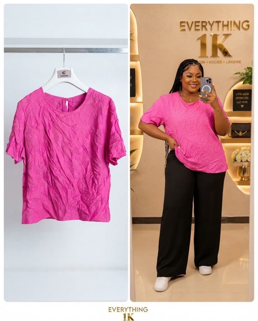 Casual Pink Crinkled Short-Sleeve Top