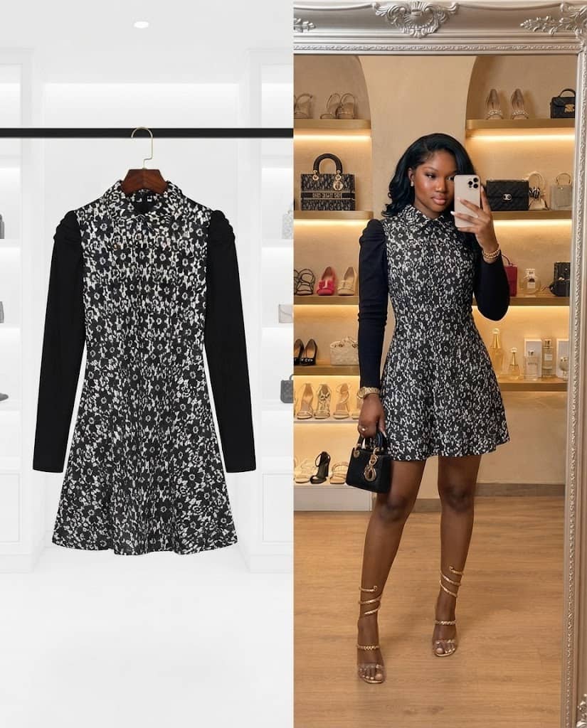 Black and White Floral Print Long-Sleeve Mini Dress