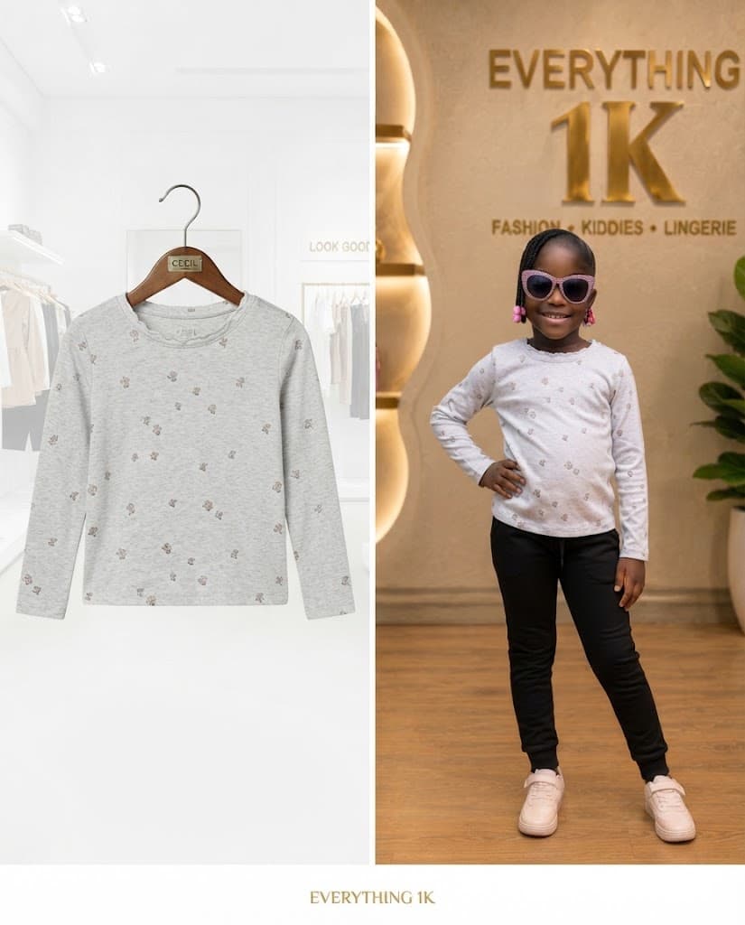 Girls Grey Bear-Patterned Long-Sleeve Top (Ages 4-5)