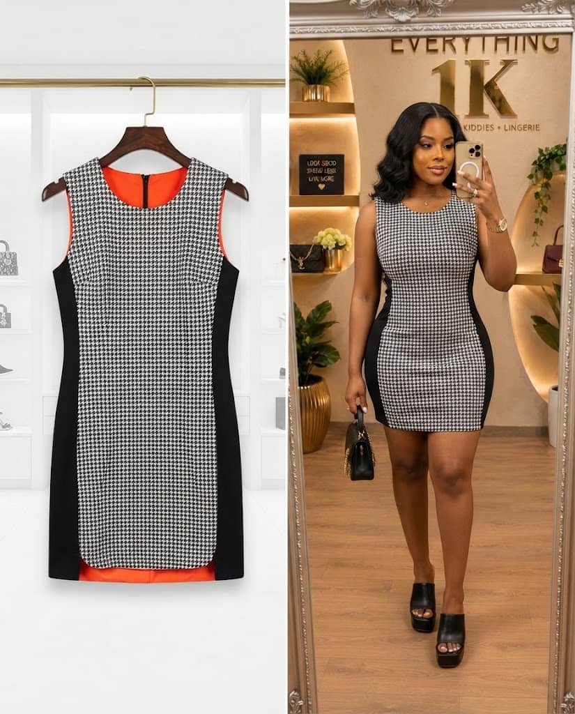 Product Title: Black-and-White Houndstooth Sleeveless Mini Dress