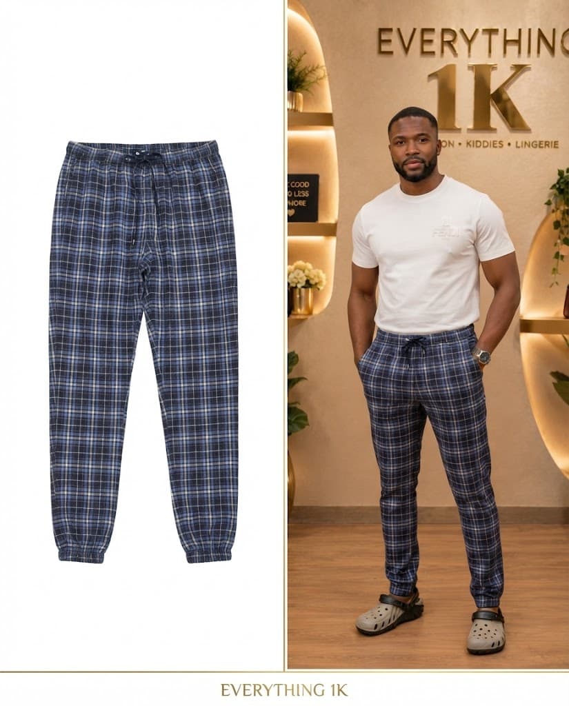 Blue & White Plaid Men's Drawstring Jogger Trousers