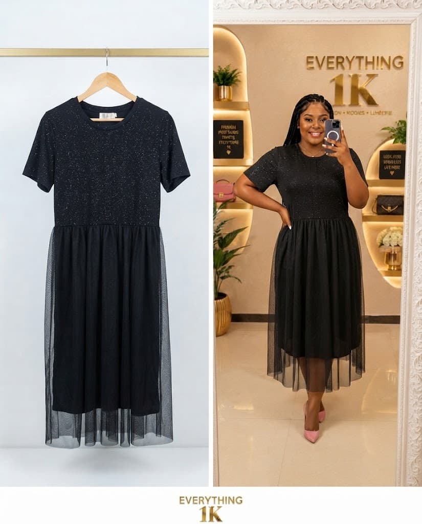 Black Shimmer Tulle Overlay Midi Dress
