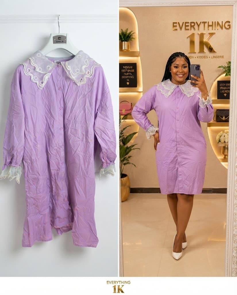 Lilac Cotton Shirt Dress with Embroidered Collar