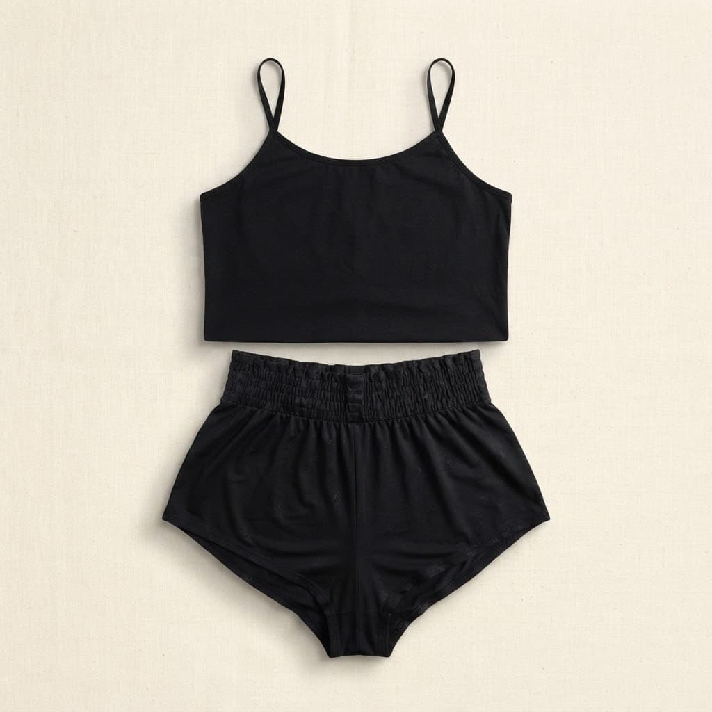 Black Textured Cami and High-Waisted Bottoms Set