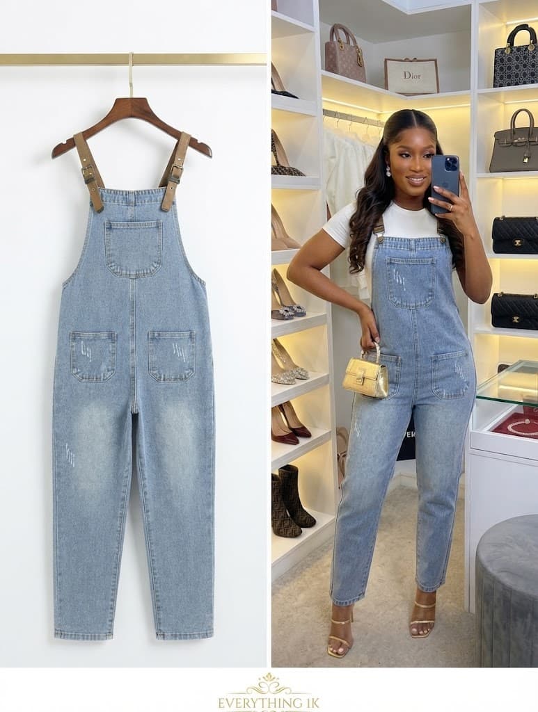 Casual Light Blue Overalls with Brown Straps