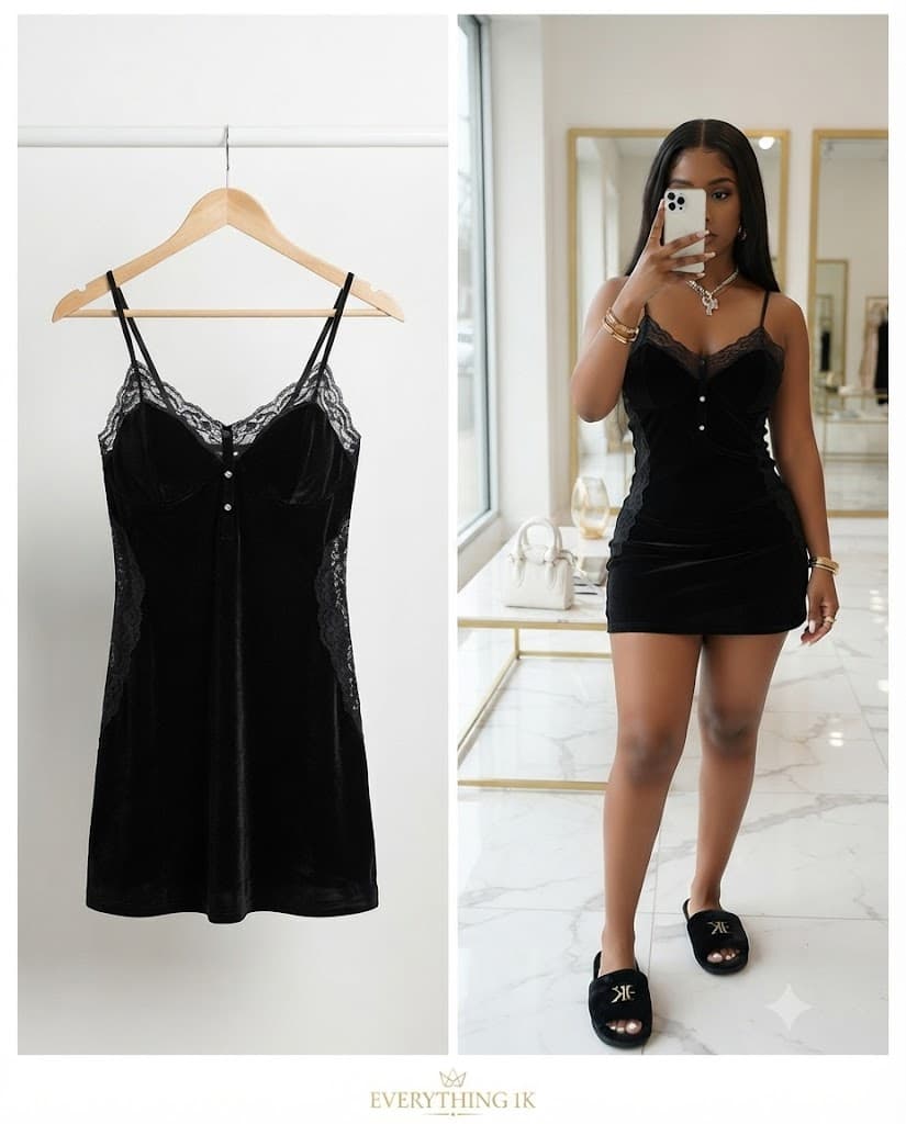 Black Velvet Mini Slip Dress with Lace Trim