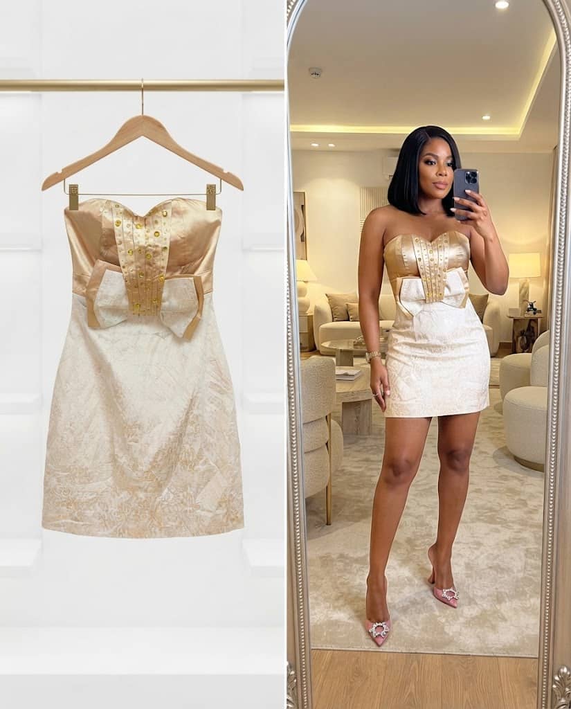 Gold Satin Strapless Embellished Mini Dress