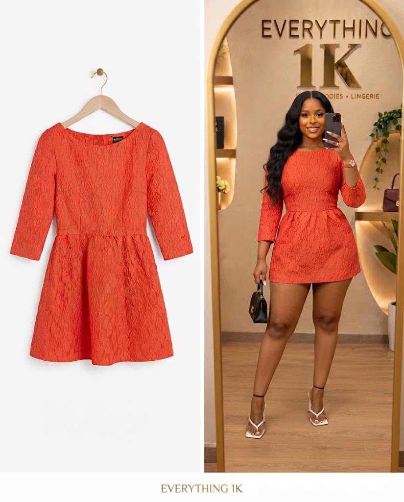 Orange Textured Long-Sleeve Flared Mini Dress