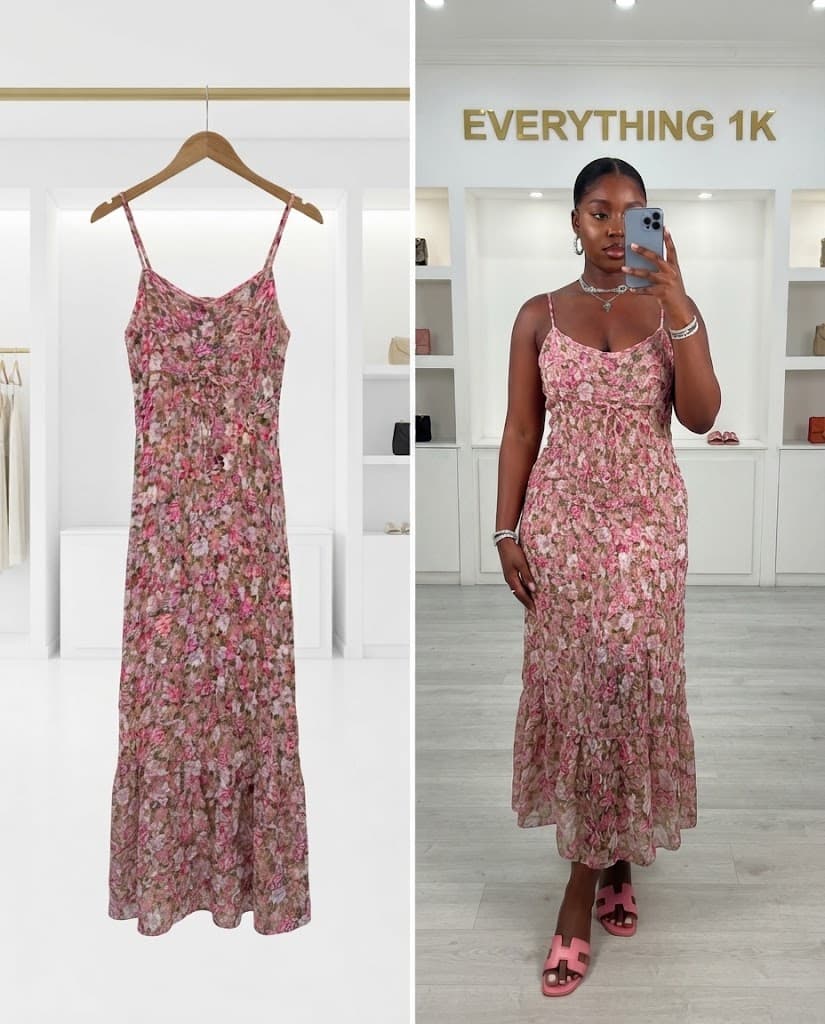 Pink Floral Tiered Midi Dress
