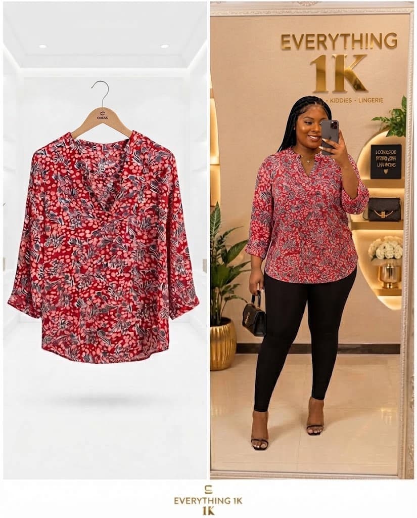 Red Ditsy Floral Print V-Neck Blouse