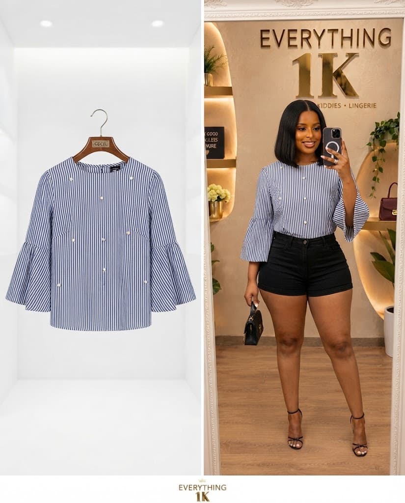 Blue and White Striped Beaded corporate Bell-Sleeve Pearl Top