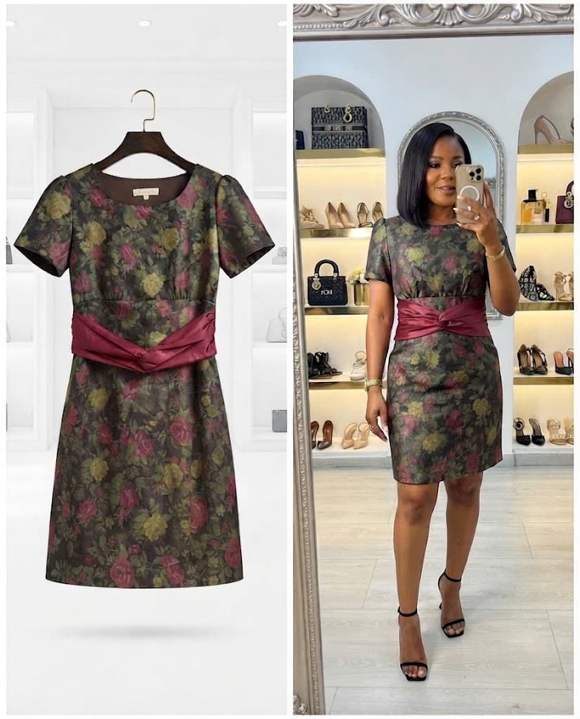 Floral Brocade Short-Sleeve Midi Dress with Burgundy Sash
