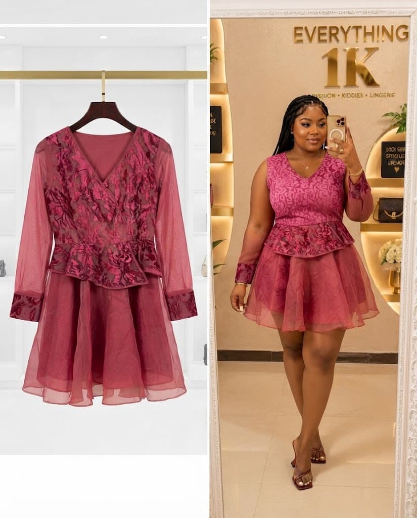 Mauve Sheer Overlay Peplum Mini Dress