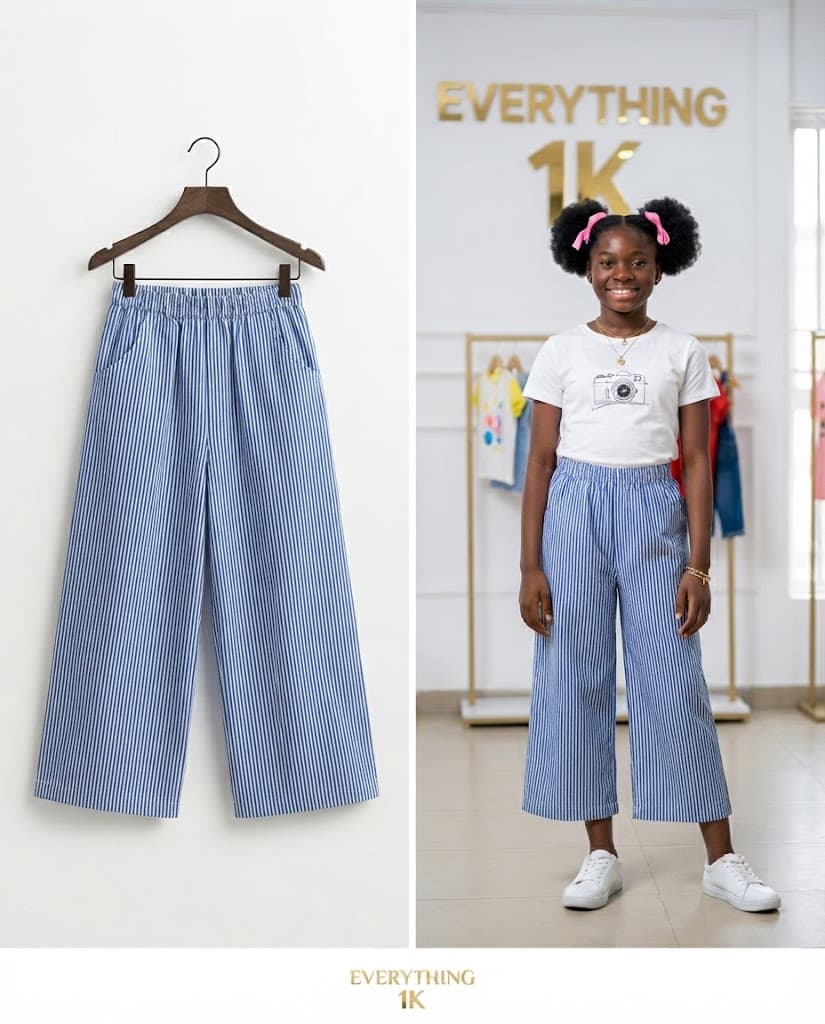 Girls Blue and White Striped Wide-Leg Trousers 7-10 years