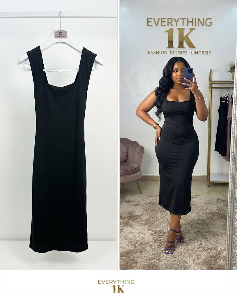Sleek Black Square-Neck Midi Bodycon Dress