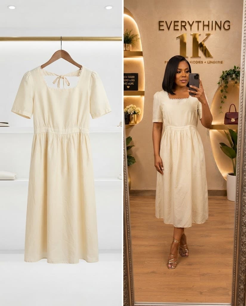 Cream Square-Neck corporate Midi Dress with Back Bow