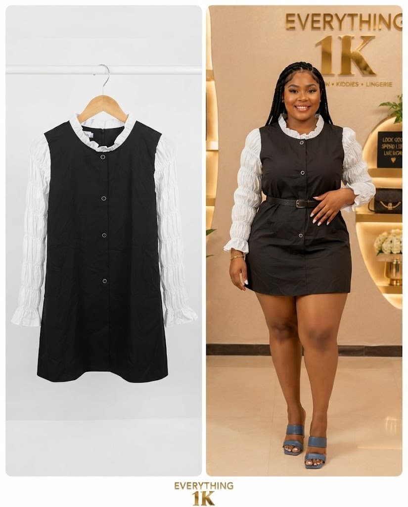 Black Button-Front Dress with Ruffled White Collar