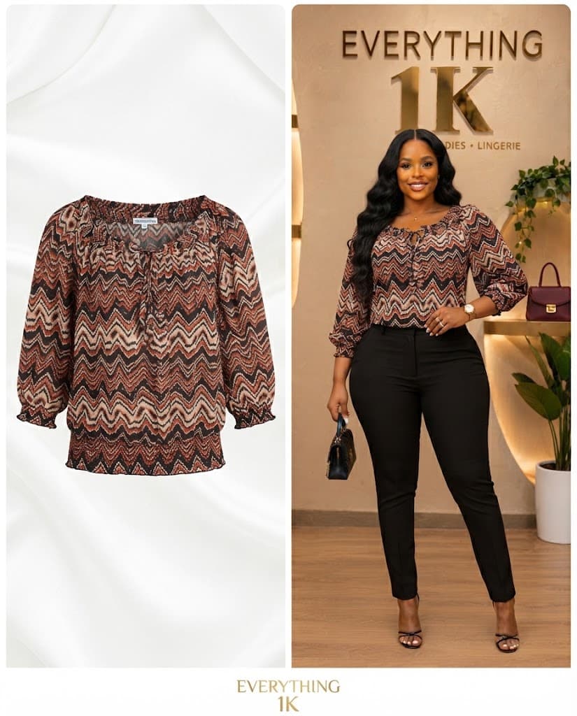Casual Brown and Orange Chevron Pattern Blouse