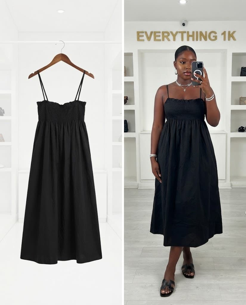 Solid Black Ruffled Smocked Midi Dress