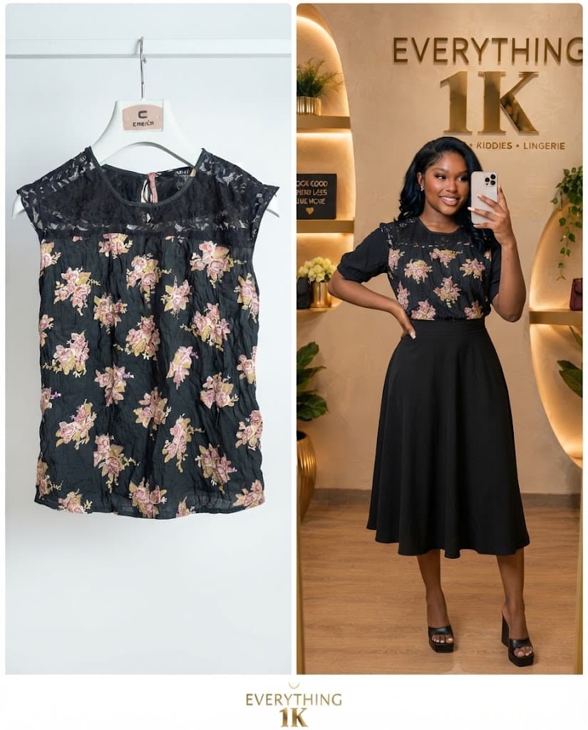 Casual Black and Pink Floral Lace-Trim Top