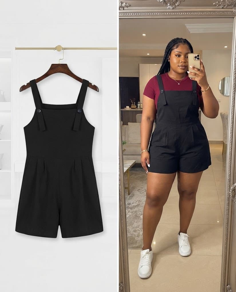 Black Square-Neck Button-Strap Overall Shorts