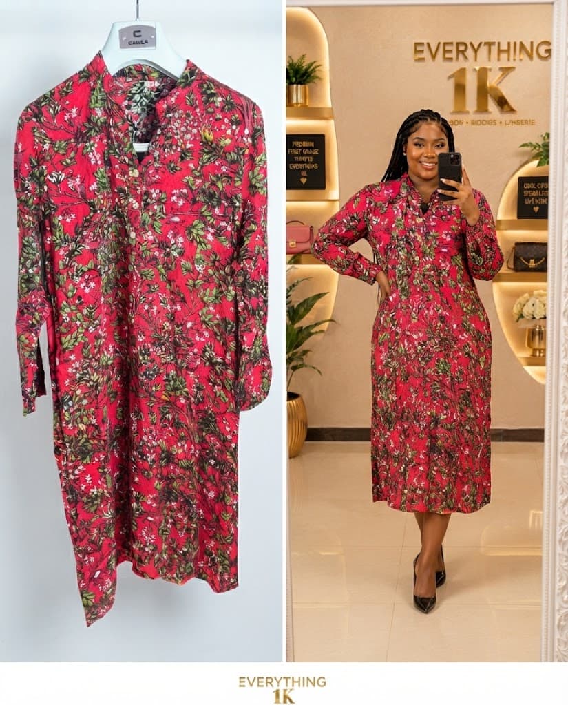 Vivid Red Leaf and Blossom Print Shirt Dress