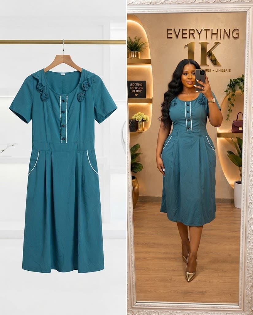 Teal Button-Front Midi Dress with Floral Rosettes