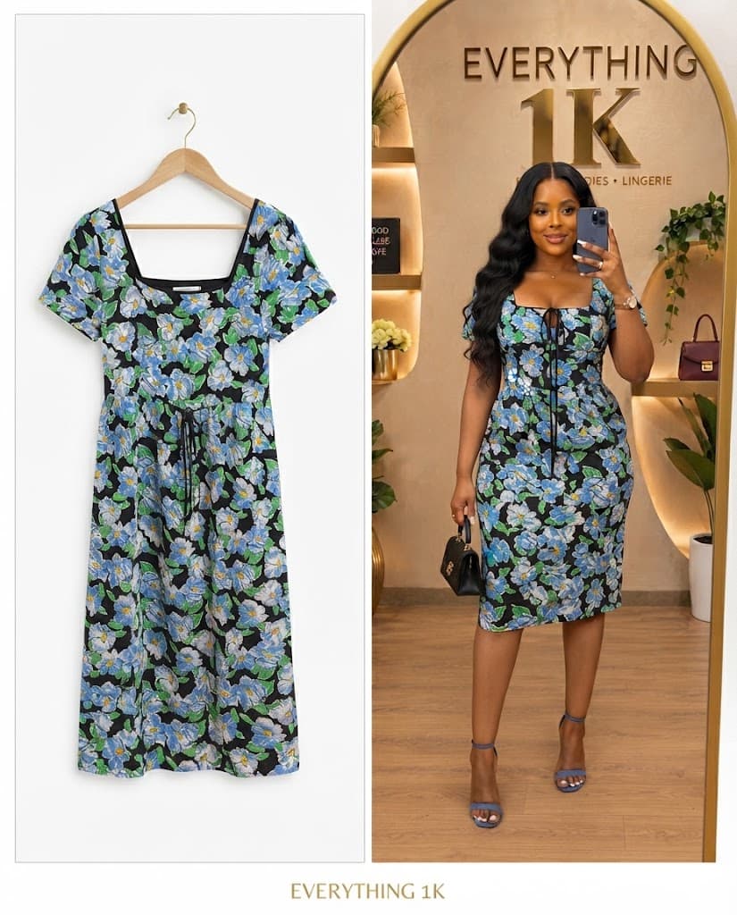 Blue Floral Square-Neck Midi Dress